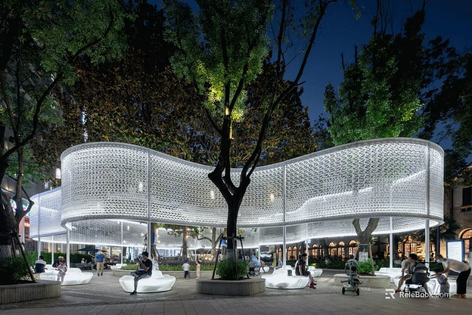 Modern Curved Pergola Design With Evening Lighting Surrounding Trees And Public Rest Area 3d model 