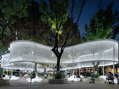 Modern Curved Pergola Design With Evening Lighting Surrounding Trees And Public Rest Area 3d model
