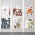 Six Abstract Paintings Displayed On White Wall In Modern Interior Decor