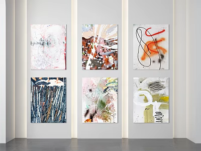 Six Abstract Paintings Displayed On White Wall In Modern Interior Decor 3d model