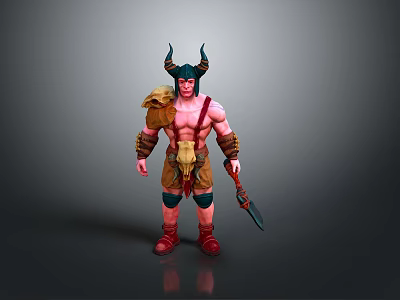 Horned Barbarian Warrior Character With Bare Chest Leather Skirt And Spiked Weapon 3d model