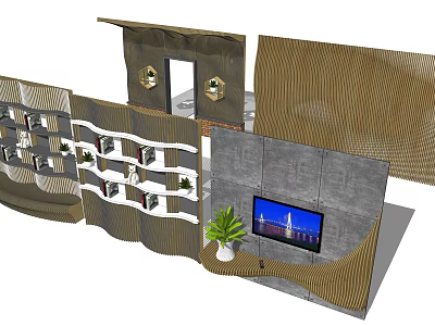 Modern Concrete Background Wall With TV Bookshelf And Green Plant 3d model