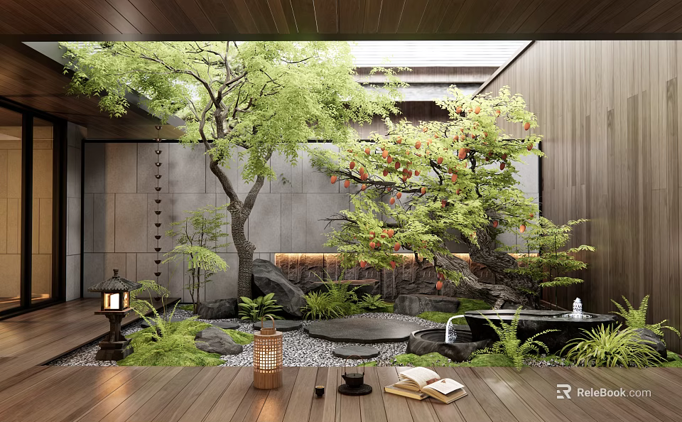Japanese Style Courtyard Garden With Maple Trees Stone Lantern Small Fountain And Wooden Flooring 3d model 