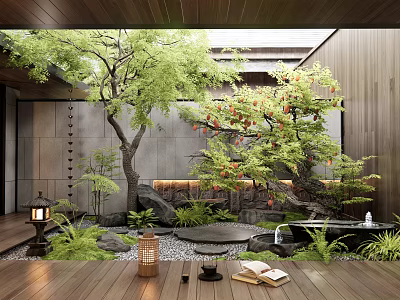 Japanese Style Courtyard Garden With Maple Trees Stone Lantern Small Fountain And Wooden Flooring 3d model