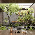 Japanese Style Courtyard Garden With Maple Trees Stone Lantern Small Fountain And Wooden Flooring