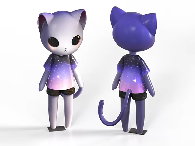 Game Movie Character Cat Like Purple White Gradient Starry Sky T Shirt Black Shorts Tail 3d model