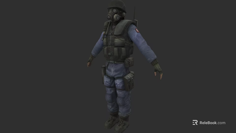Tactical Game Character In Protective Suit With Gas Mask Blue Top And Tactical Vest 3d model 