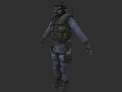 Tactical Game Character In Protective Suit With Gas Mask Blue Top And Tactical Vest 3d model