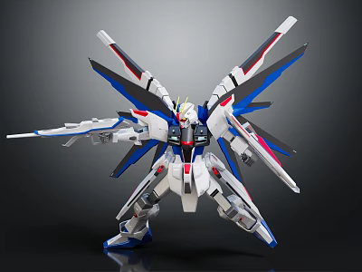 White Blue Red Mechanical Robot Figure With Large Wing Structure And Detailed Armor 3d model