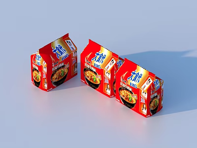 Spicy Flavor Instant Noodles In Red Packaging Boxes With Product Image Displayed 3d model