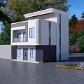 Modern Detached Villa Two Story Structure With Large Windows Surrounded By Trees And Greenery 3d model