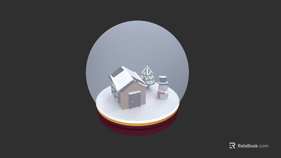 Decorative Ornament Set with Snow Globe Small House Christmas Tree Snowman and Red Base 3d model 