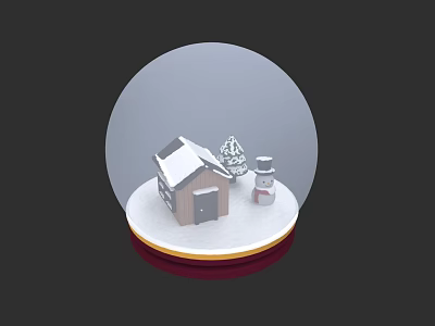 Decorative Ornament Set with Snow Globe Small House Christmas Tree Snowman and Red Base 3d model