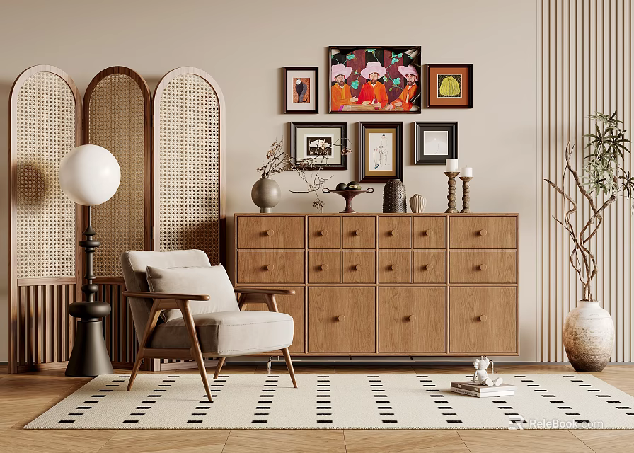 Stylish Entryway With Wooden Console Side Cabinet Framed Artworks Accent Chair And Patterned Rug 3d model 