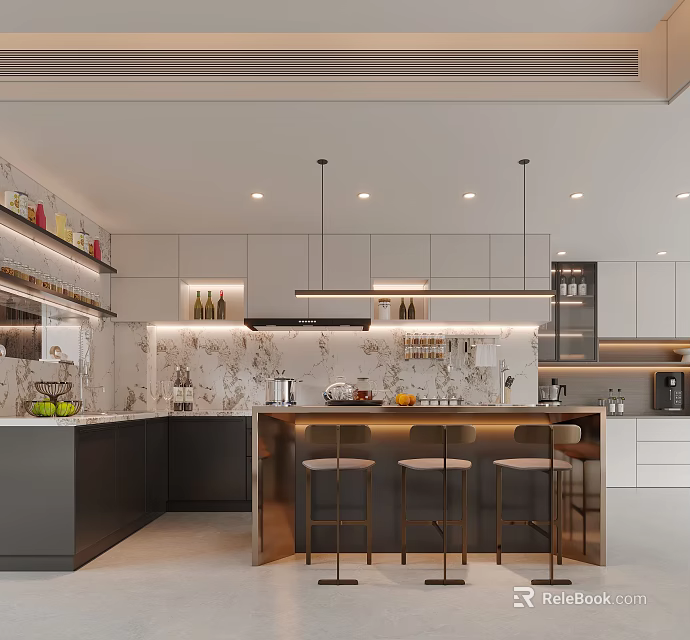 Modern Kitchen Interior With Central Island Bar Stools Cabinets And Hanging Lights 3d model 