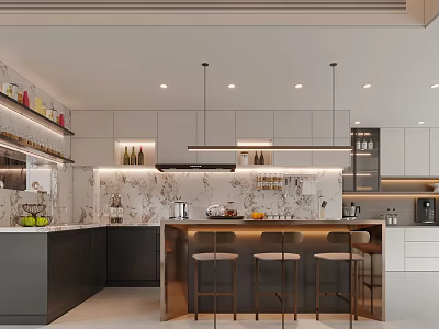 Modern Kitchen Interior With Central Island Bar Stools Cabinets And Hanging Lights 3d model
