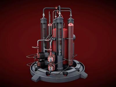 Complex Industrial Equipment With Cylindrical Towers Pipes Valves And Pressure Gauges 3d model