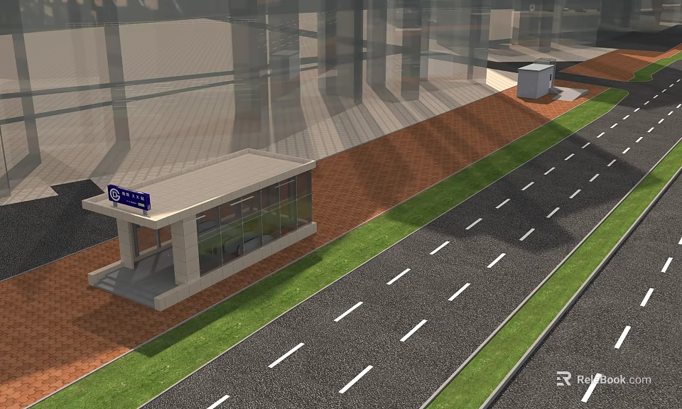 Modern Bus Stop With Transparent Glass Structure Platform Road And Green Grass 3d model 