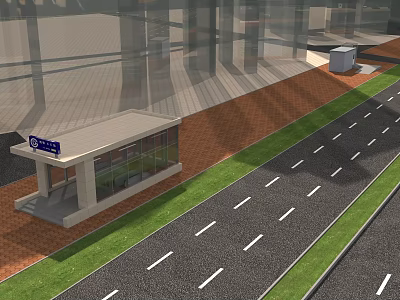 Modern Bus Stop With Transparent Glass Structure Platform Road And Green Grass 3d model