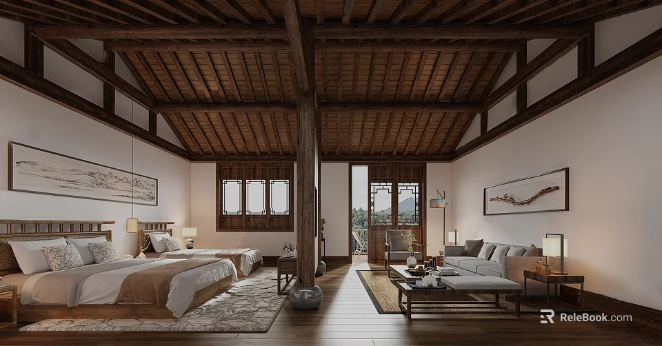 Traditional Chinese Hotel Room Interior With Wooden Ceiling Bed Sofa Windows And Decorative Paintings 3d model 