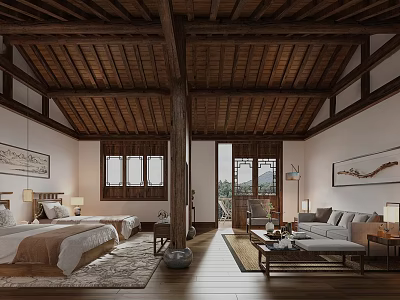 Traditional Chinese Hotel Room Interior With Wooden Ceiling Bed Sofa Windows And Decorative Paintings 3d model