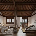 Traditional Chinese Hotel Room Interior With Wooden Ceiling Bed Sofa Windows And Decorative Paintings