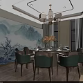 Elegant Private Dining Room Interior With Set Round Table Green Chairs Chandelier And Wall Art