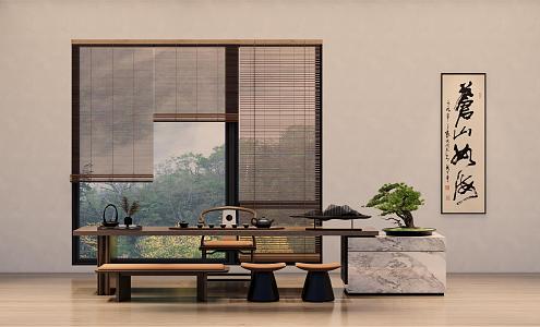 Tea Room Chinese Room Tea Table Chinese Circle Chair Chinese Stool Chinese Painting Roller Shutter 3d model