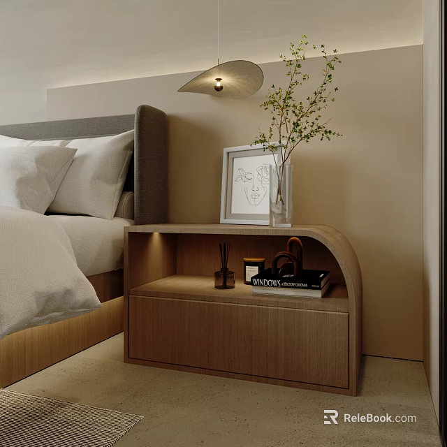 Modern Wooden Bedside Table with Framed Artwork Vase Books and Decorative Items in Bedroom 3d model 