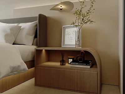 Modern Wooden Bedside Table with Framed Artwork Vase Books and Decorative Items in Bedroom 3d model