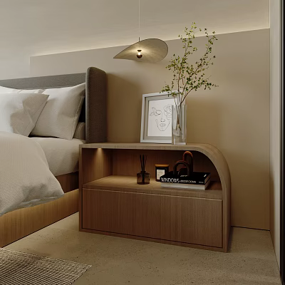 Modern Wooden Bedside Table with Framed Artwork Vase Books and Decorative Items in Bedroom 3d model