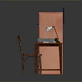 Home Office Furniture with Wooden Desk Red Filing Cabinet Chair Table Lamp and Framed Map