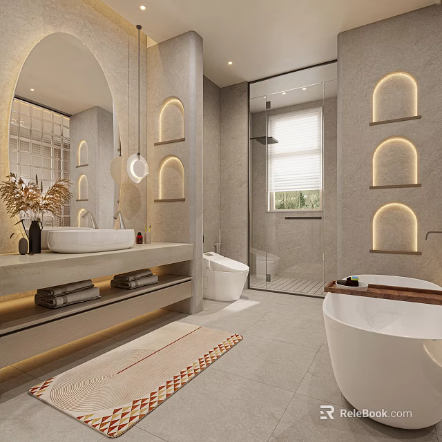 Modern Bathroom Interior With Arched Niches Floating Vanity And Bathtub 3d model 