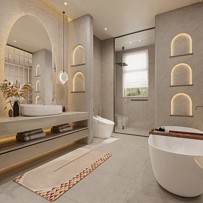 Modern Bathroom Interior With Arched Niches Floating Vanity And Bathtub 3d model