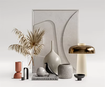 Stylish Decorative Ornament Collection With Framed Art Dried Palm Leaves Ceramic Vase Mushroom Candle And Decorative Balls 3d model