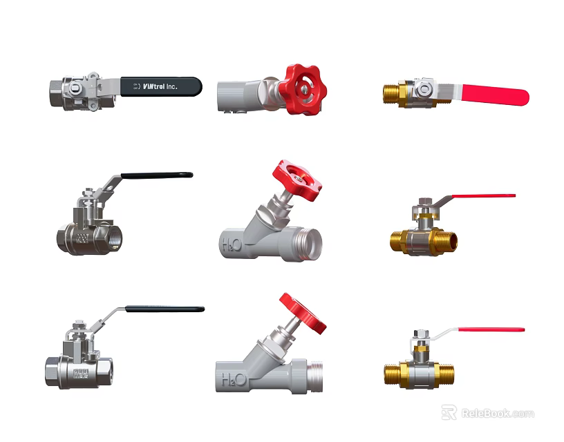 Various Industrial Valves With Red Handles Different Designs And Metallic Finishes 3d model 