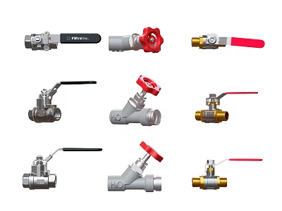 Various Industrial Valves With Red Handles Different Designs And Metallic Finishes 3d model