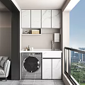 Modern Bathroom Cabinet with Marble Countertop Sink Faucet Washing Machine Shelf and Window City View