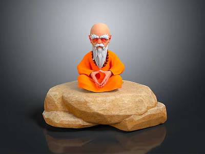 Man With Bald Head And Long White Beard In Orange Robe Sitting Cross-Legged On Rock 3d model