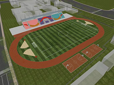 Professional Football Field With Red Running Track Green Grass Spectator Stands And Basketball Courts 3d model