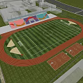 Professional Football Field With Red Running Track Green Grass Spectator Stands And Basketball Courts
