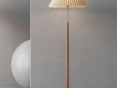 Pleated Shade Wooden Floor Lamp Against Concrete Wall With White Sphere 3d model