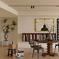 Modern Stylish Restaurant Interior With Wooden Dining Table Bookshelf Potted Plant And Colorful Artworks