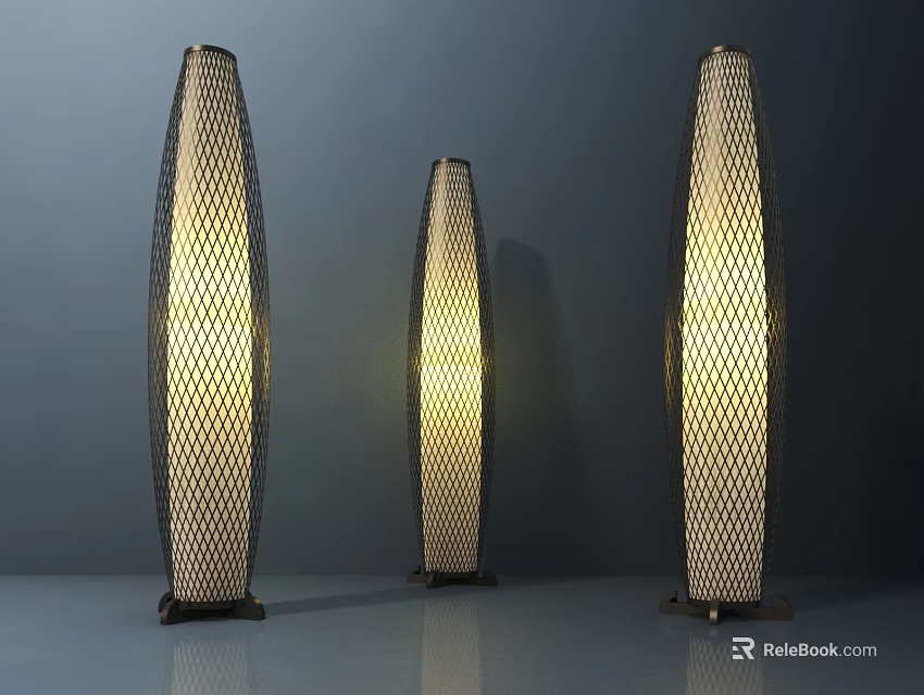 Three Modern Conical Floor Lamps With Mesh Texture And Warm Illuminated Light 3d model