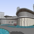Modern Sales Office Building With Curved Architectural Design Glass Curtain Walls And Water Reflection