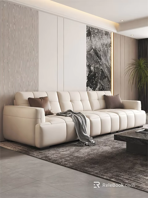 Modern Luxury Cream White Sofa Dark Gray Coffee Table With Throw Pillows Blanket Green Plant 3d model 