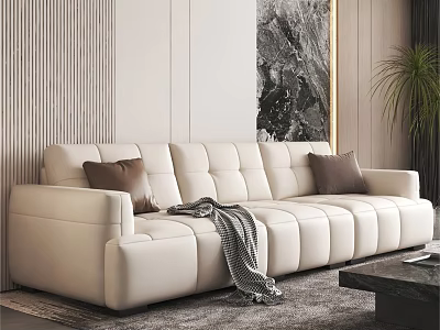 Modern Luxury Cream White Sofa Dark Gray Coffee Table With Throw Pillows Blanket Green Plant 3d model