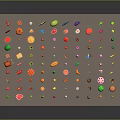 Colorful Food Models Featuring Various Fruits And Vegetables On Gray Platform