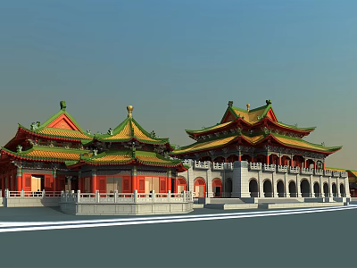 Ancient Chinese Architecture With Yellow Green Roofs Red Walls And Ornate Eaves 3d model