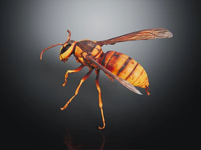 Yellow And Brown Striped Hornet With Wings Flying On Dark Background 3d model
